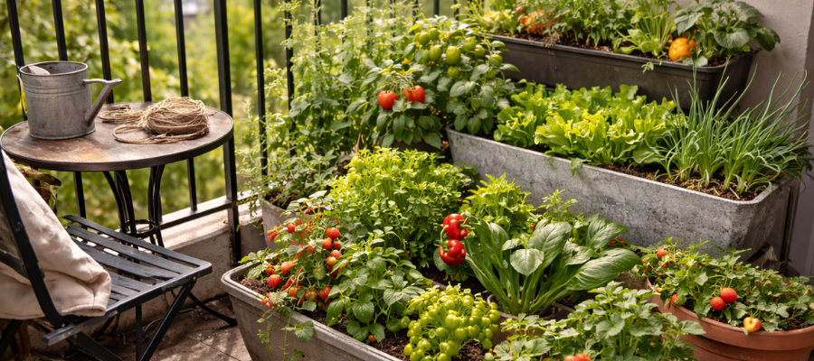 Small balcony with multiple long pots growing cherry tomatoes, lettuce, peppers, and strawberries at different stages of ripeness.