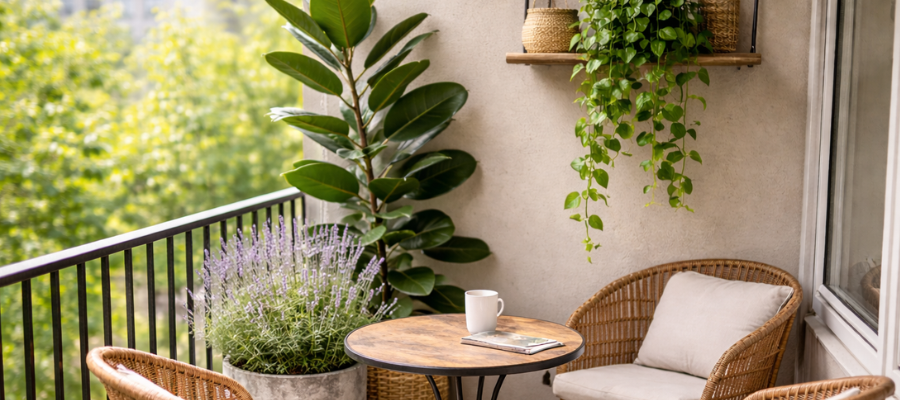 Urban balcony with tall rubber plant, long pothos hanging from the shelf and bushy lavender plant in a set up with table and woven chairs.