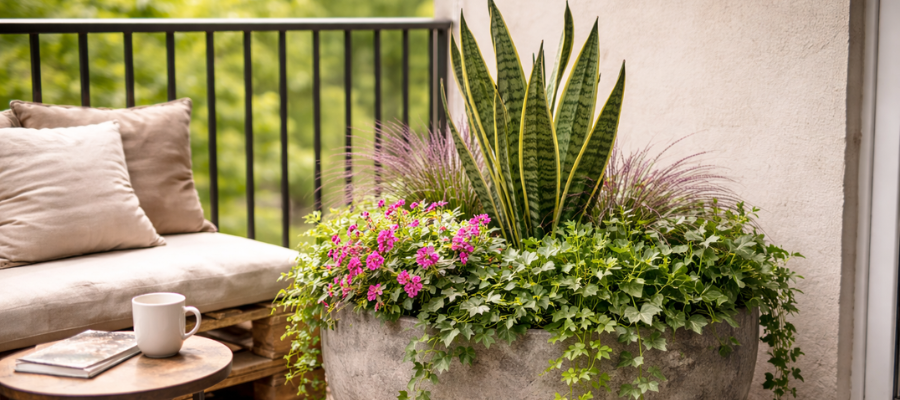 Small city balcony featuring one big statement planter with a tall snake plant in the center, bushy filler plants around it, and trailing ivy spilling over the edge.