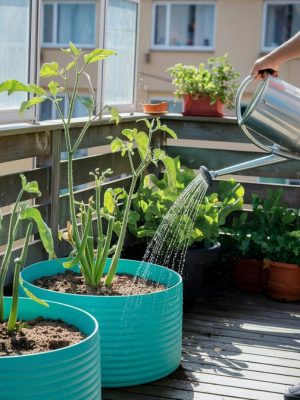 Balcony container garden with vegetable plants growing in pots, as a hand holds a stainless steel watering can and waters the plants.