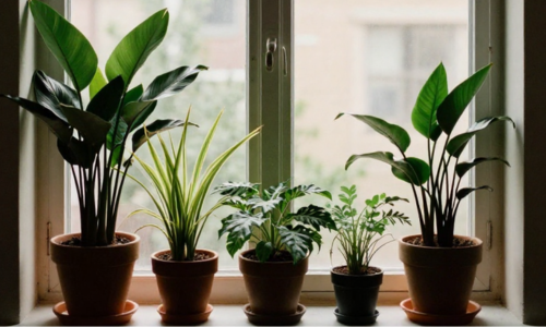 Five houseplants in north facing window in ceramic pots.