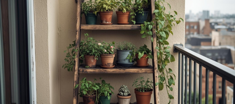 Wooden ladder shelf filled with potted herbs and plants on a small city balcony