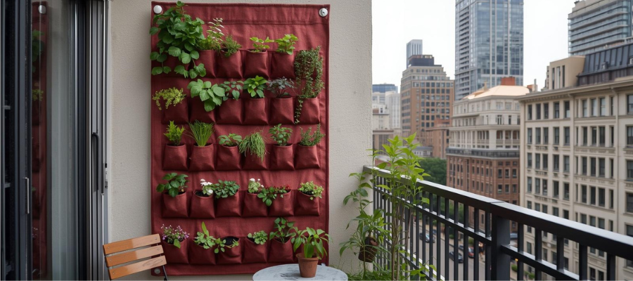 Urban balcony in a big city with red wall pocket planter filled with small herbs plants.