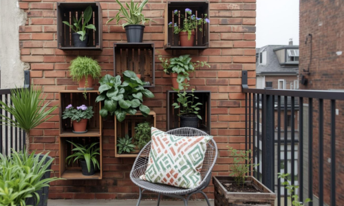 City balcony with a chair and cushion in front of a vertical garden made from wooden crates mounted on a brick wall holding multiple potted plants.