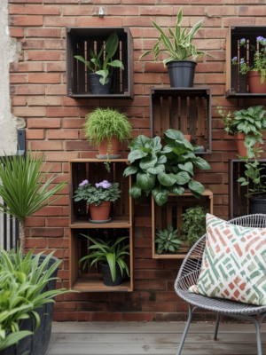 City balcony with a chair and cushion in front of a vertical garden made from wooden crates 
              mounted on a brick wall holding multiple potted plants.