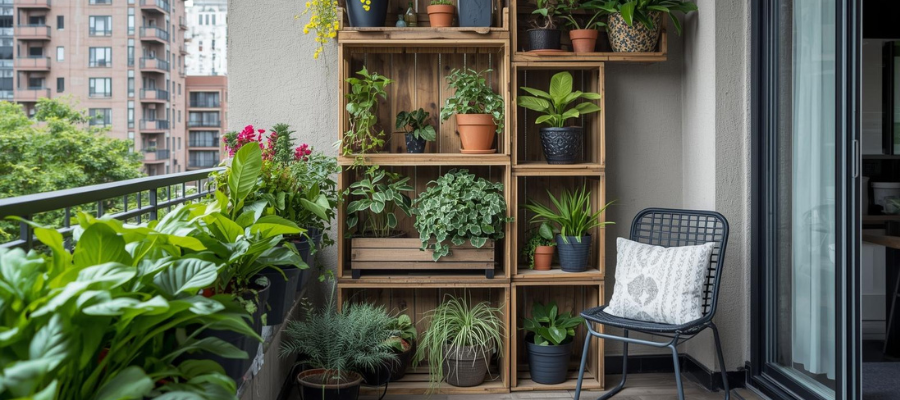 City balcony with wooden crates wall garden filled with plants.